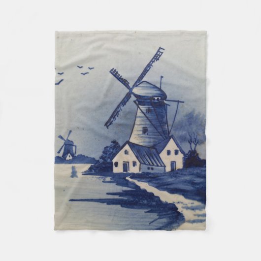 Blauw Wit Delft Windmolen Fleece Deken (Voorkant)