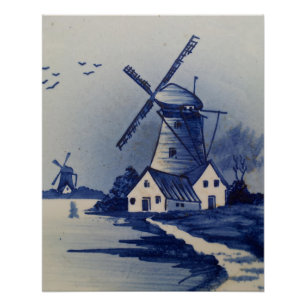  Blauw Wit Delft Windmolen Perfect Poster