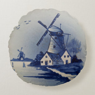 Blauw Wit Delft Windmolen Rond Kussen