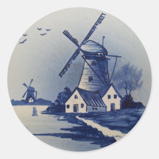 Blauw Wit Delft Windmolen Ronde Sticker (Voorkant)