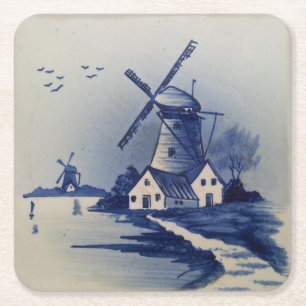  Blauw Wit Delft Windmolen Vierkante Kartonnen Onderzetter