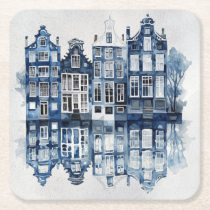 Blauw-wit Delfts stijl traditionele huizen Vierkante Kartonnen Onderzetter