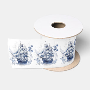 Blauw-wit Delfts stijl zeilschip in het zee Lint