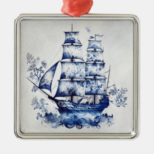 Blauw-wit Delfts stijl zeilschip in het zee Metalen Ornament