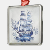 Blauw-wit Delfts stijl zeilschip in het zee Metalen Ornament (Links)