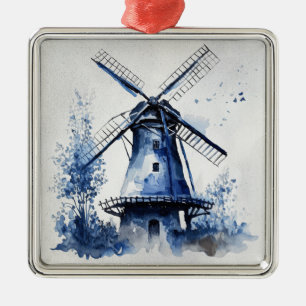 Blauw-wit Delfts stijllandschap met windmolen Metalen Ornament