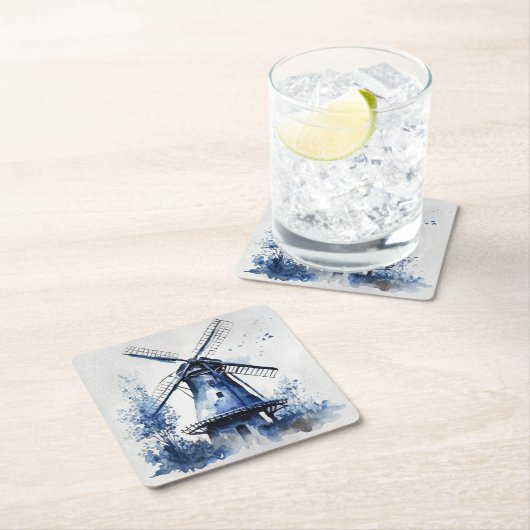 Blauw-wit Delfts stijllandschap met windmolen Vierkante Kartonnen Onderzetter (Insitu)