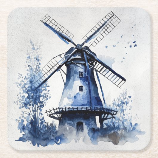 Blauw-wit Delfts stijllandschap met windmolen Vierkante Kartonnen Onderzetter (Voorkant)
