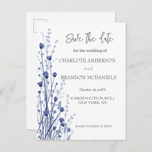 Blauw Wit Delicate Wildbloemen Bewaar de datum Aankondigingskaart (Voorkant / Achterkant)