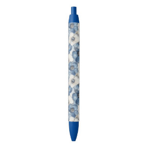 Blauw Wit Denim Floral Zwarte Inkt Pen