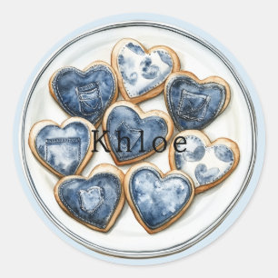 Blauw wit denim harten ronde sticker