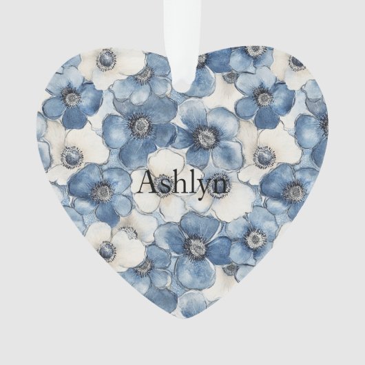 Blauw Wit Denim Heart Stripes Bloemen Kerst Ornament (voorkant)