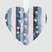 Blauw Wit Denim Heart Stripes Bloemen Kerst Ornament (achterkant)