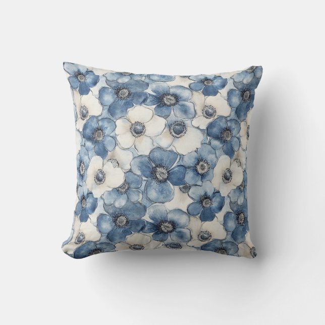 Blauw Wit Denim Heart Stripes Bloemen Kussen (Voorkant)