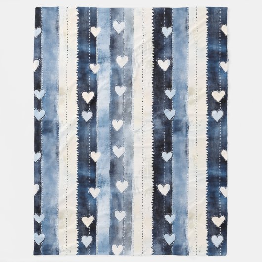 Blauw Wit Denim Heart Stripes Fleece Deken (Voorkant)