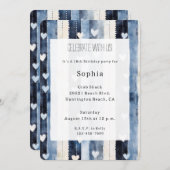 Blauw Wit Denim Heart Stripes Verjaardag Kaart (Voorkant / Achterkant)