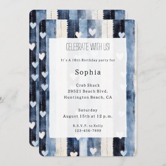 Blauw Wit Denim Heart Stripes Verjaardag Kaart (Voorkant / Achterkant)