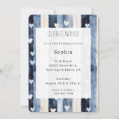 Blauw Wit Denim Heart Stripes Verjaardag Kaart (Voorkant)