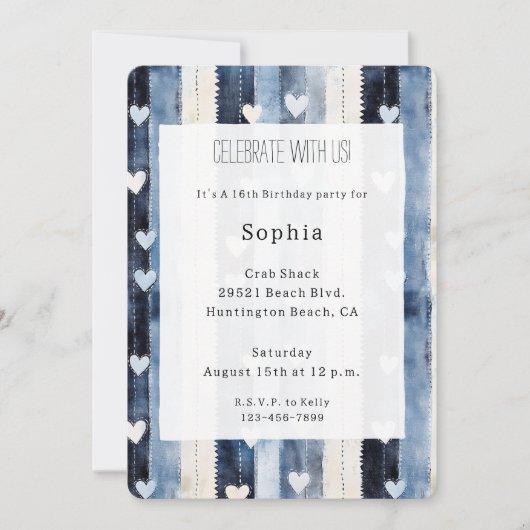 Blauw Wit Denim Heart Stripes Verjaardag Kaart (Voorkant)