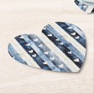 Blauw Wit Denim Heart Stripes Verjaardag Kartonnen Onderzetters