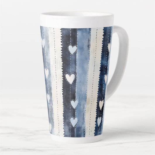 Blauw Wit Denim Heart Stripes Verjaardag Latte Mok (Rechterhoek)