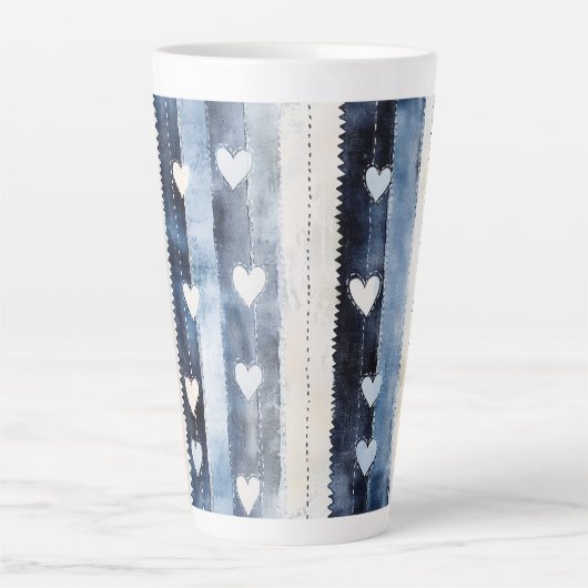 Blauw Wit Denim Heart Stripes Verjaardag Latte Mok (Voorkant)