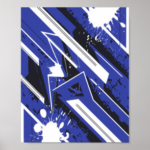 Blauw & Wit Diagonaal Gestreept met Verfspatten Poster