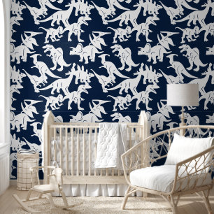 Blauw Wit Dinosaur Baby Boy Nursery Peel & Stick Behang