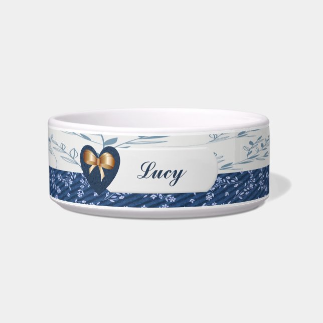  blauw/wit dog Bowl met hart en kabel Voerbakje (Voorkant)