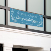 Blauw Wit Elegant Chique Bruiloft Gefeliciteerd Spandoek (Buitenkant Gebouw)