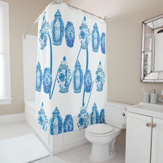 Blauw Wit Elegant Ginger Jar Monogram Douchegordijn (In situ)