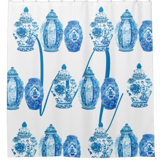 Blauw Wit Elegant Ginger Jar Monogram Douchegordijn (Voorkant)
