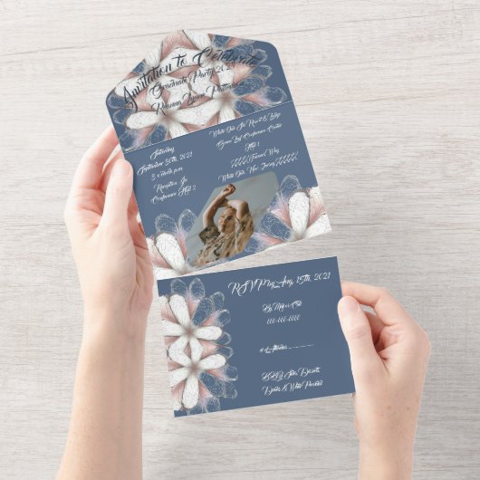 Blauw Wit Elegant Script Photo Flowers Afstuderen All In One Uitnodiging (Afscheurbaar)
