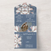 Blauw Wit Elegant Script Photo Flowers Afstuderen All In One Uitnodiging (Binnen)