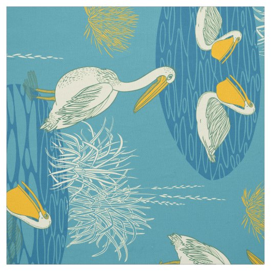 Blauw wit en geel tintelend vogelpatroon stof (Swatch)