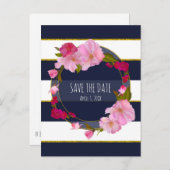 Blauw Wit en Goud Moderne Bloemen Save The Date Aankondigingskaart (Voorkant / Achterkant)