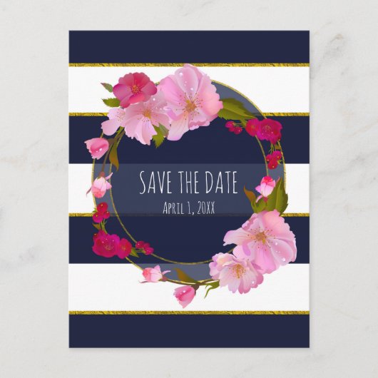 Blauw Wit en Goud Moderne Bloemen Save The Date Aankondigingskaart (Voorkant)