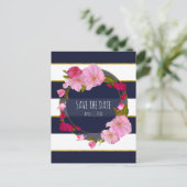 Blauw Wit en Goud Moderne Bloemen Save The Date Aankondigingskaart (Staand voorkant)