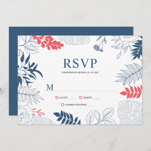 Blauw wit en koraalrood tropisch floraal lijst menu (Voorkant / Achterkant)