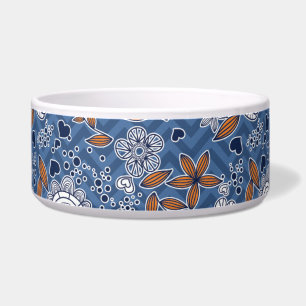 Blauw Wit en Oranje bloemontwerp Voerbakje