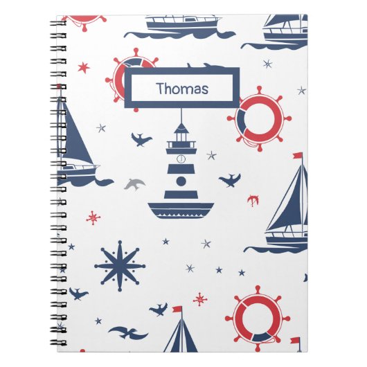 Blauw, wit en rood nautisch ontwerp notitieboek (Voorkant)