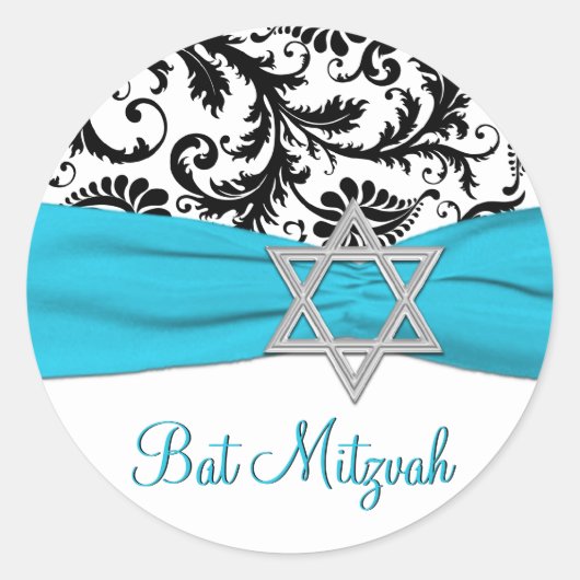 Blauw, wit en zwart Damask Bat Mitzvah Sticker (Voorkant)
