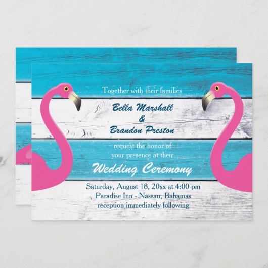 Blauw & Wit Flamingo Bruiloft Uitnodiging (Voorkant / Achterkant)