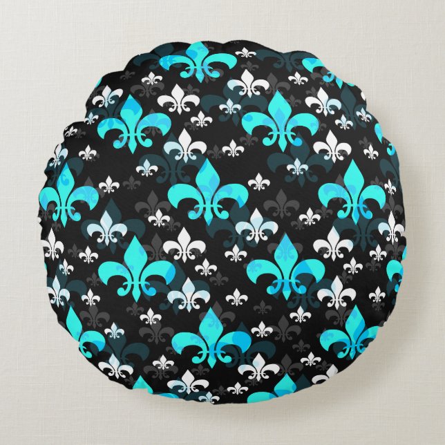 Blauw Wit Fleur De Lis Rond Kussen (Voorkant)