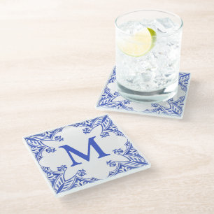 Blauw-wit Floral Tegel Monogram Glazen Onderzetter
