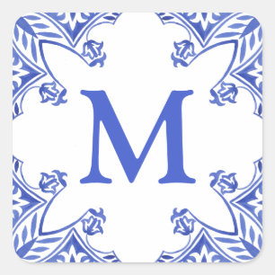 Blauw-wit Floral Tegel Monogram Vierkante Sticker