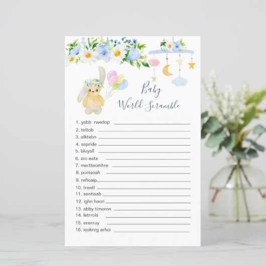Blauw wit Floral Word Scramble Paper Sheet (Staand voorkant)