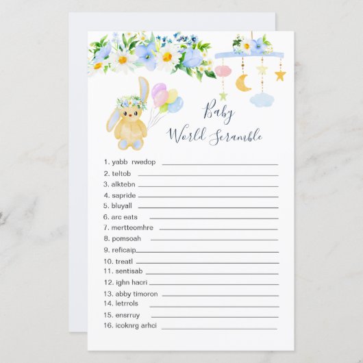 Blauw wit Floral Word Scramble Paper Sheet (Voorkant / Achterkant)