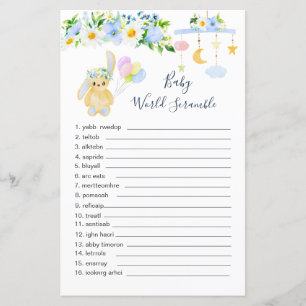 Blauw wit Floral Word Scramble Paper Sheet