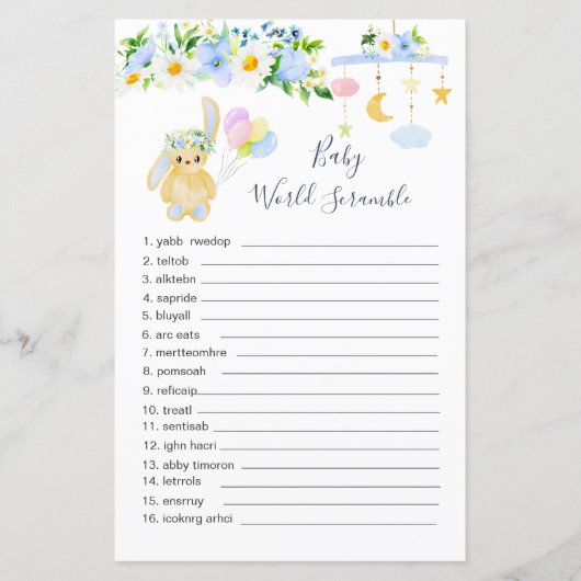 Blauw wit Floral Word Scramble Paper Sheet (Voorkant)